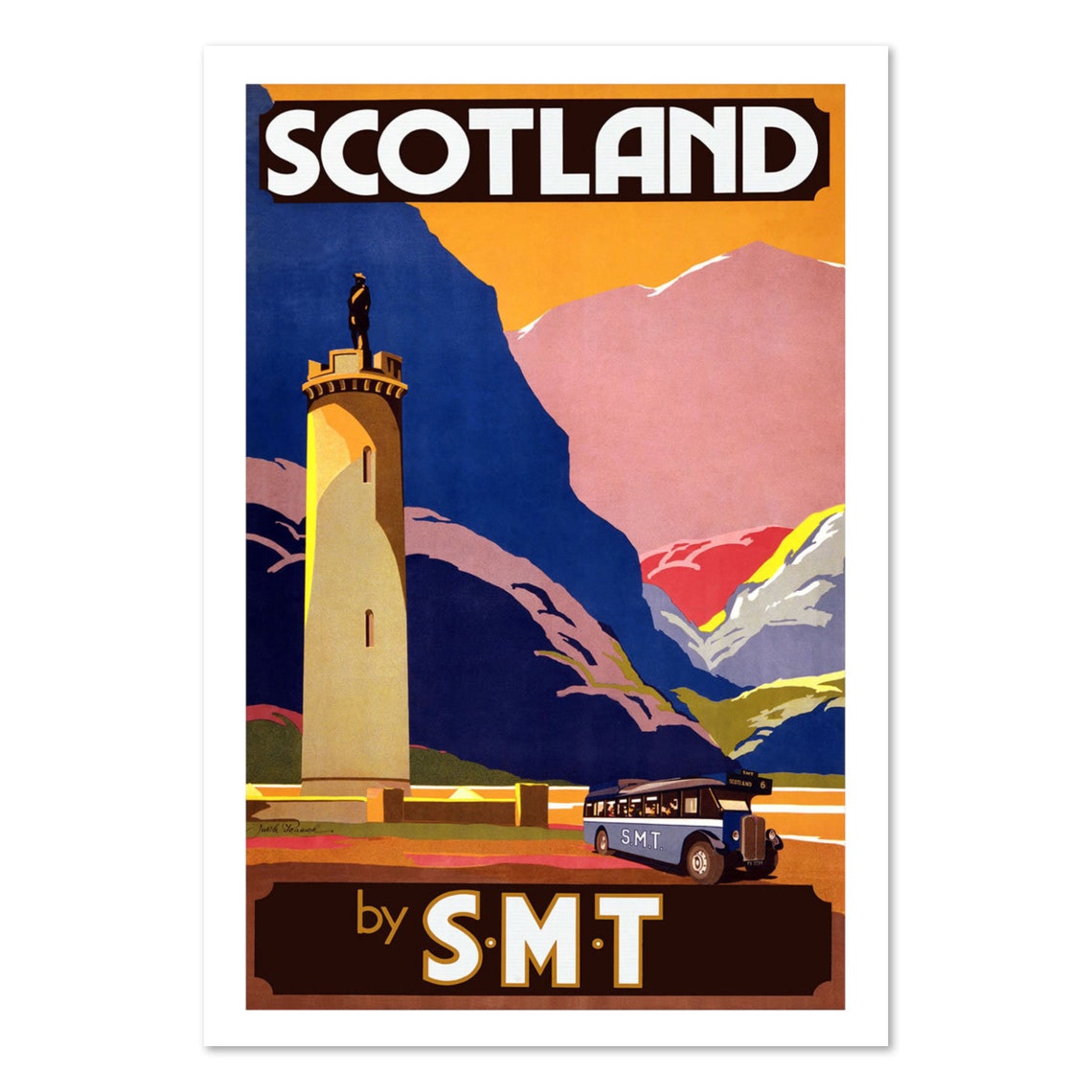 Scotland Highlands Tower Monument SMT Motor Coach Travel Poster
