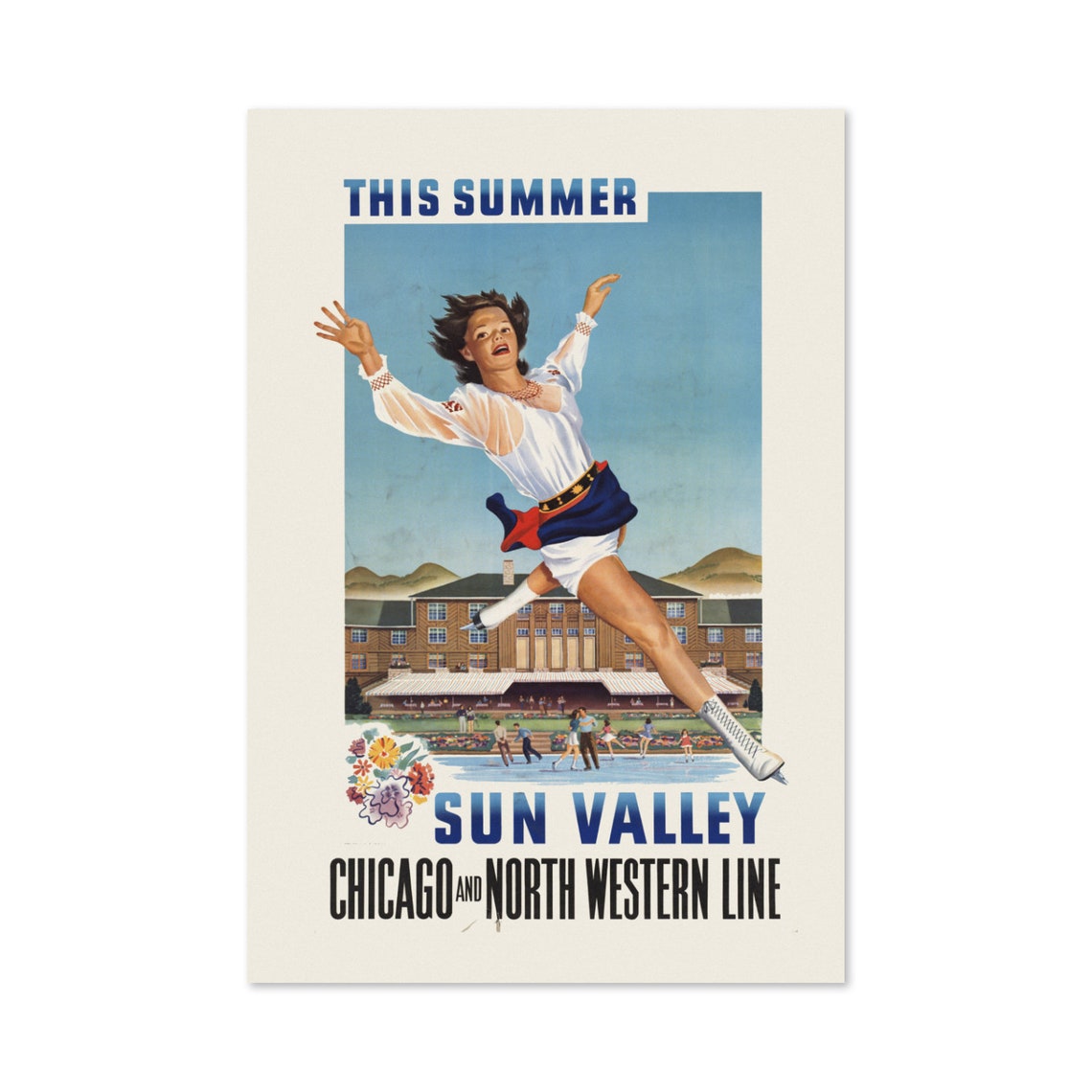 Sun Valley This Summer Ice Skater Vintage Railroad Travel Poster