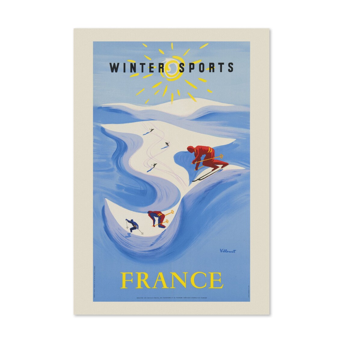 Classic Villemot Winter Sports France Vintage Ski Slope Poster