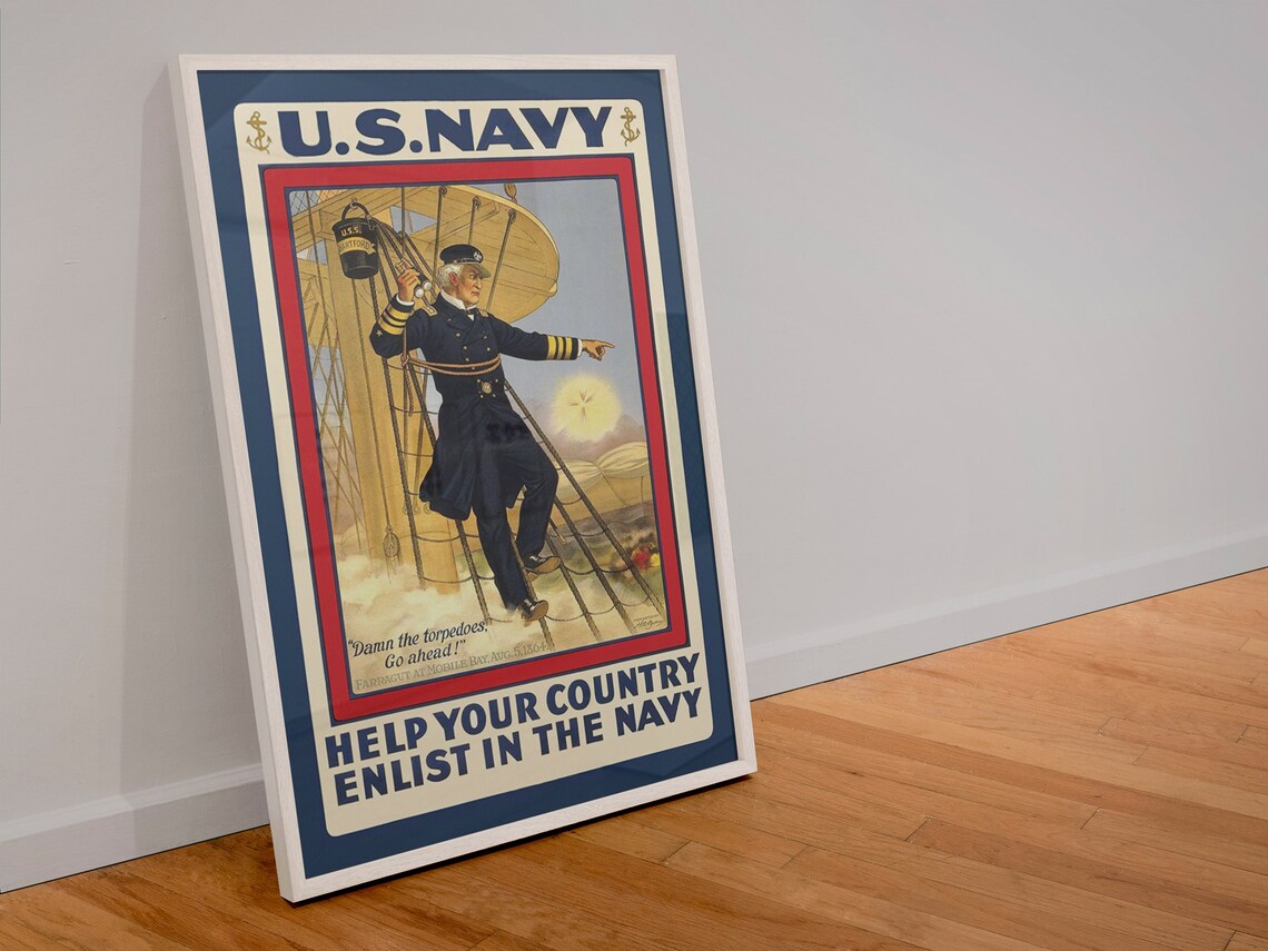US Navy Farragut Damn the Torpedoes 1864 Vintage Recruit Poster - Image 4