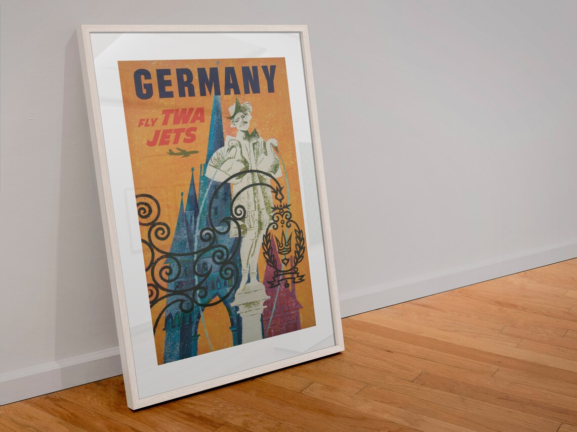 Germany Fly TWA Jets Fountain Statue Vintage Airline Travel Poster - Image 4
