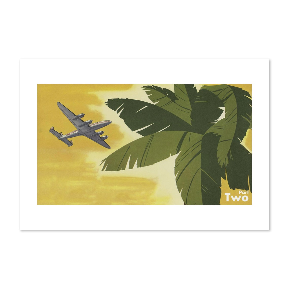 TWA Four Engine Airliner Over Palms in Golden Sky Vintage Print