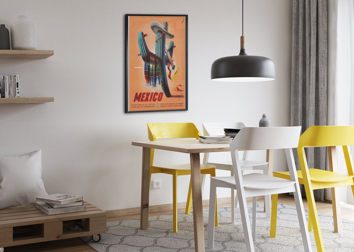 Mexico Saguaro Cactus Sombrero Guitar Tourist Vintage Poster - Image 2