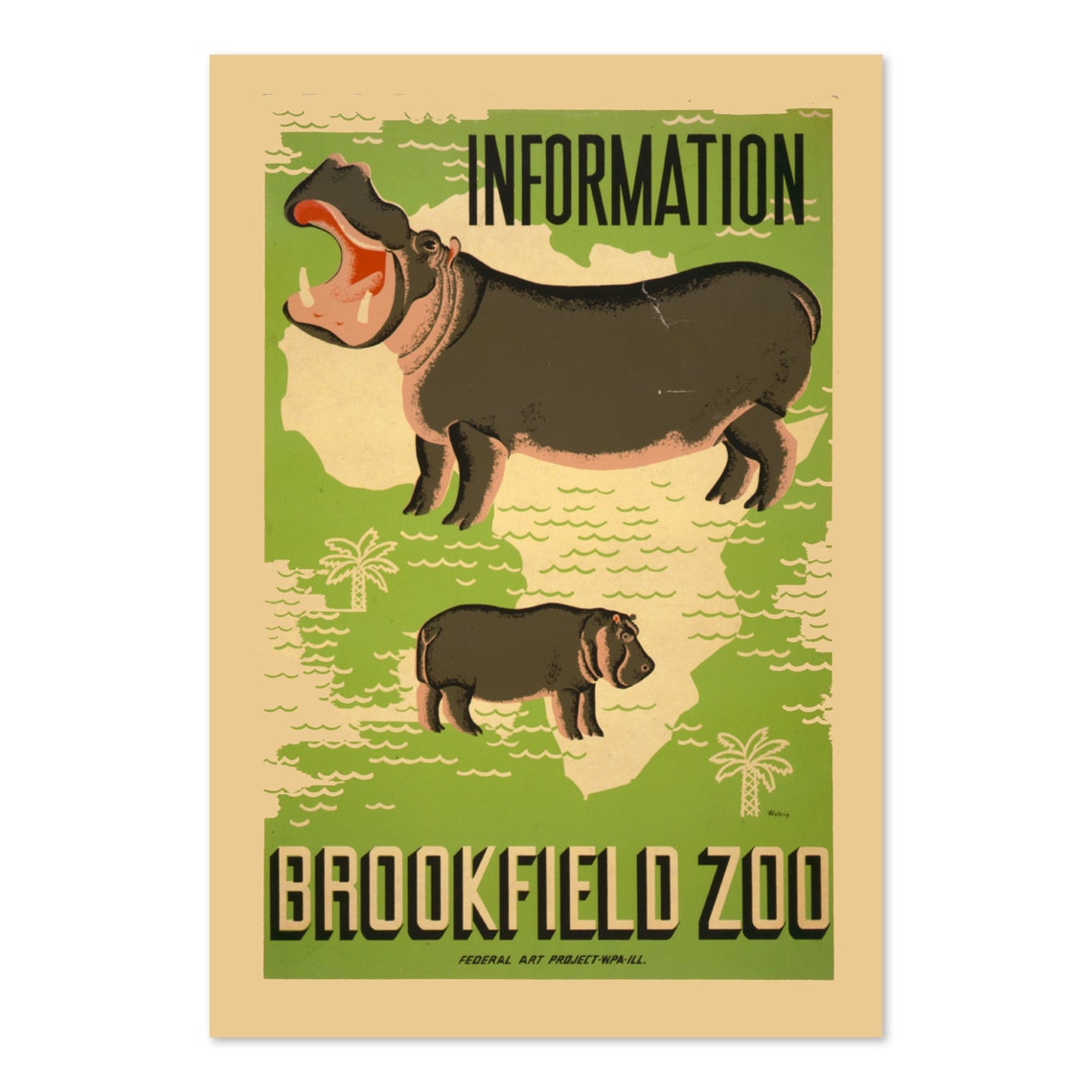 1937 See The Hippo At The Brookfield Chicago Zoo Wpa Federal Art Poster Classic Advertising Art Print For Gifts And Wall Art Dcor