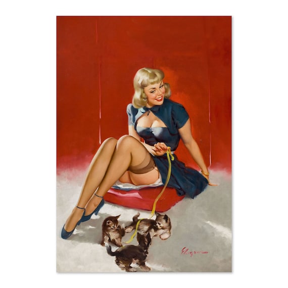 Gil Elvgren Some Cute Tricks Kittens Ribbon Pin-Up Cat Art Poster