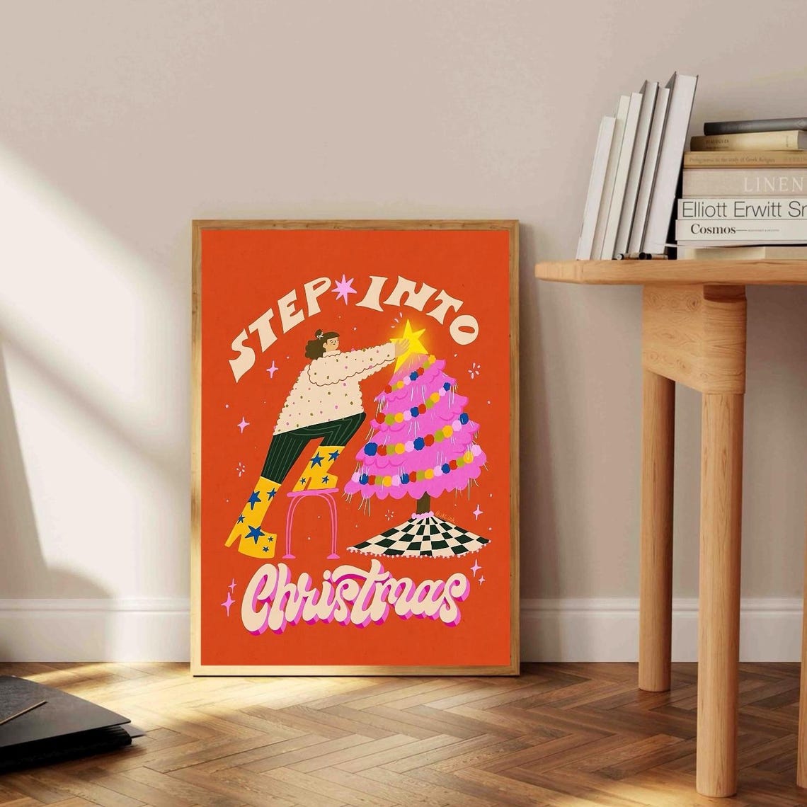 Step Into Christmas Retro Woman Star Pink Tree Holiday Poster