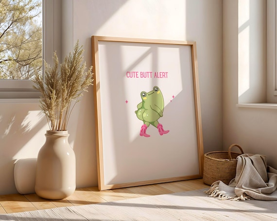 Cute Butt Alert Frog Wearing Pink Cowboy Boots Funny Art Poster