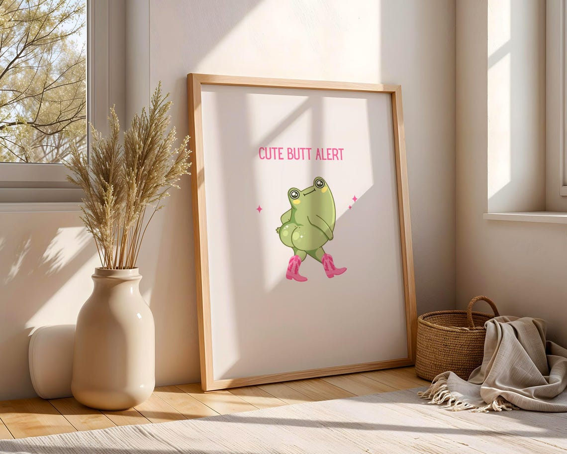 Cute Butt Alert Frog Wearing Pink Cowboy Boots Funny Art Poster