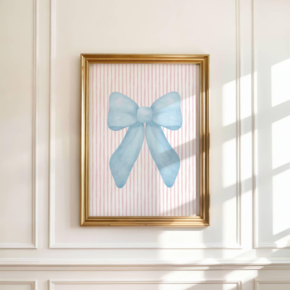 Blue Watercolor Bow on Pink Stripes Coquette Bedroom Decor Poster