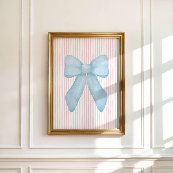 Blue Watercolor Bow on Pink Stripes Coquette Bedroom Decor Poster