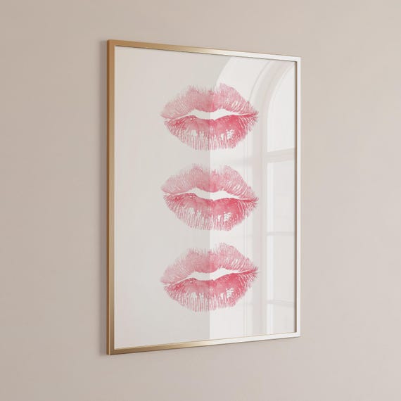 Pink Kiss Print Wall Art Cute Coquette Lips Poster Girly Blush For Dorm Bedroom Or Vanity Decor