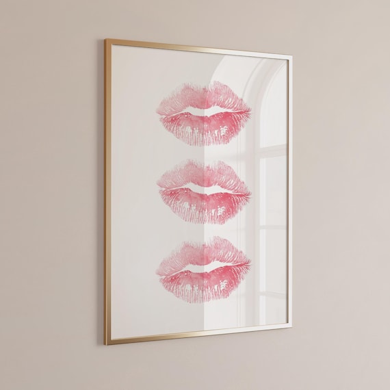 Pink Lipstick Kiss Marks Triple Coquette Chic Bedroom Decor Poster