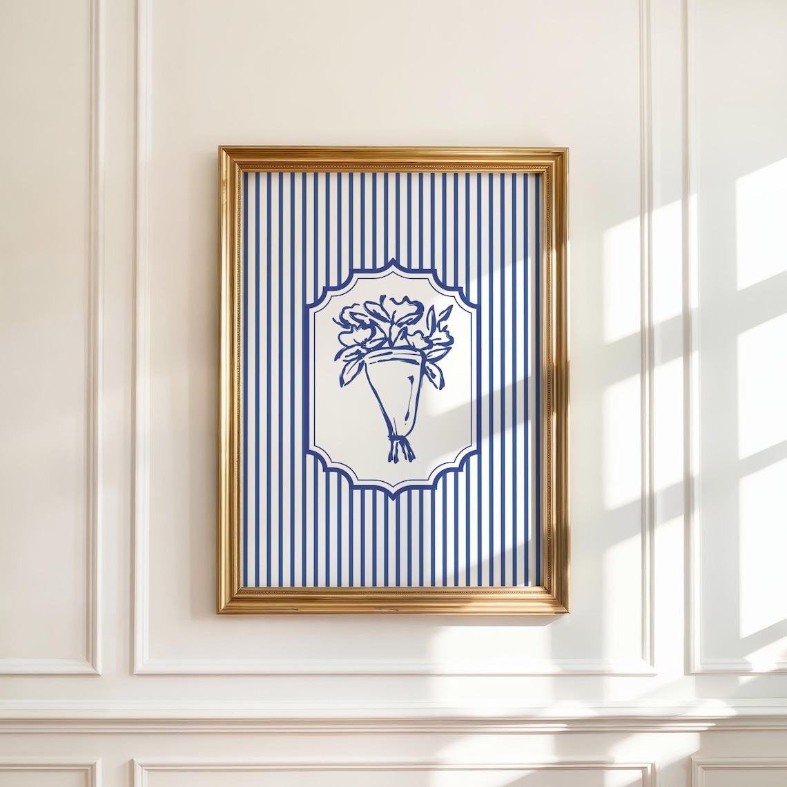 Navy Striped Crest With Flower Bouquet Classic French Decor Poster