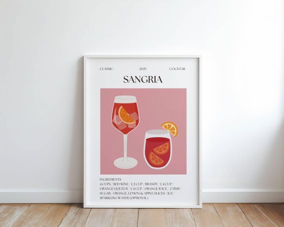 Sangria Cocktail Print Cute Bar Cart Wall Art For Dorm Or College Apartment Fruity Red Wine Drink Poster Girls Night