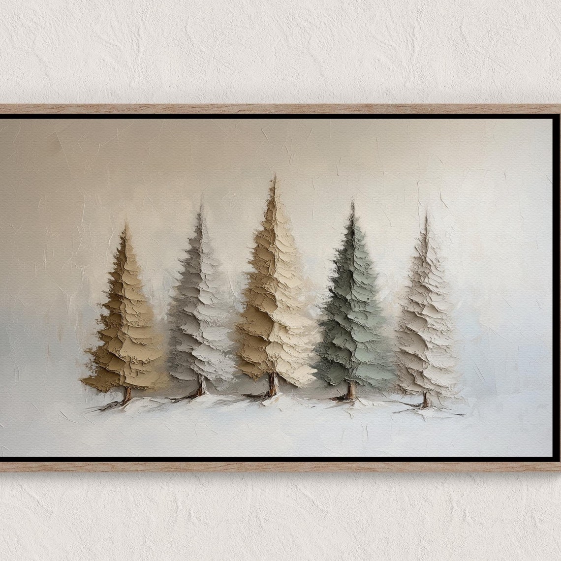 Neutral Winter Pine Trees Impasto Painting Rustic Forest Poster
