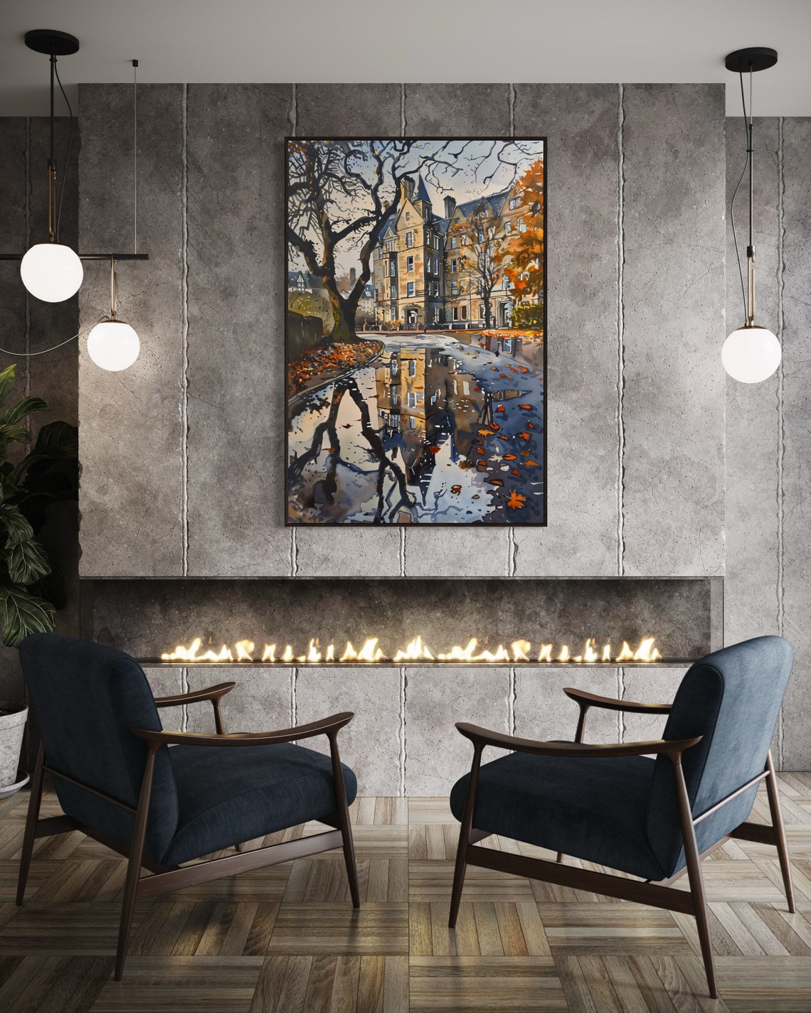 Edinburgh Rainy Autumn Street Watercolor Puddle Reflections Poster - Image 2