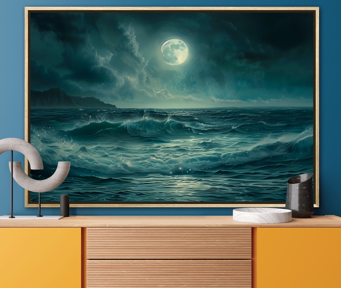 Emerald Moonlit Ocean Night Waves Full Moon Deep Teal Sea Poster - Image 3