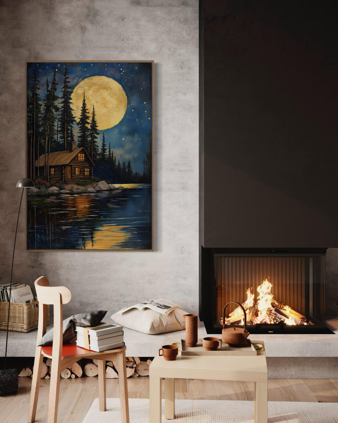 Log Cabin Moonlit Lake Full Moon Starry Night Rustic Cottage Poster - Image 2
