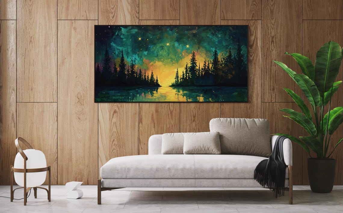 Starry Night Pine Forest Lake Aurora Colorful Night Sky Travel Poster - Image 3