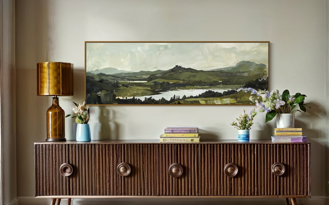Rolling Hills Resplendence Atmospheric Castle Silhouette Over Mountain Lake Panoramic Landscape Art For Modern Home Decore - Image 4