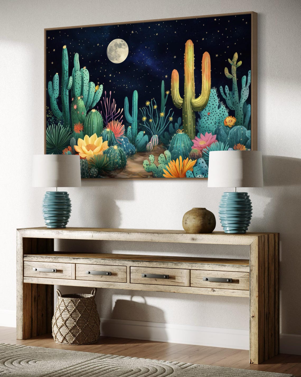 Vibrant Southwest Cactus Garden Moonlit Starry Night Sky Art Print - Image 5