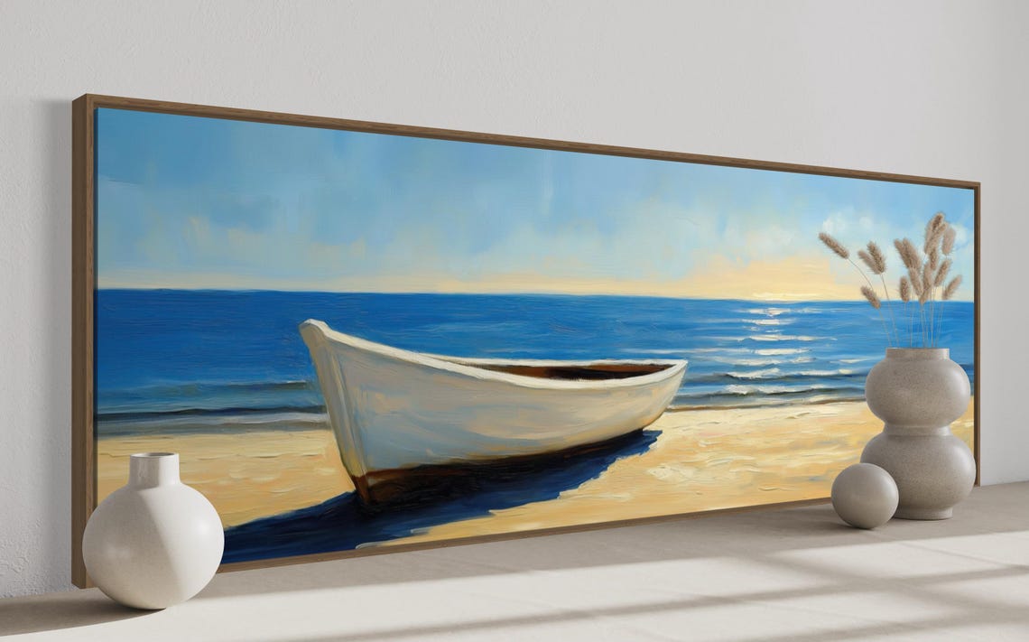 Serene White Rowboat Sandy Beach Blue Ocean Panoramic Travel Poster - Image 4