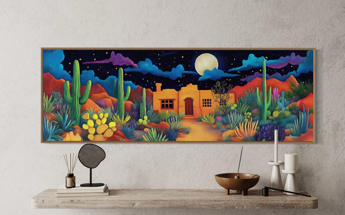 Moonlit Desert Cactus Adobe House Night Southwest Boho Panoramic Print - Image 3