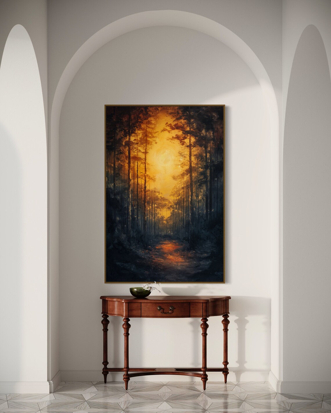 Forest Painting Print Enchanted Dark Green Forest Scene With Sunlit Path Sunset Print For Home Decore And Goth Room Decor - Image 2