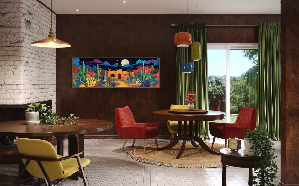 Moonlit Desert Cactus Adobe House Night Southwest Boho Panoramic Print - Image 4