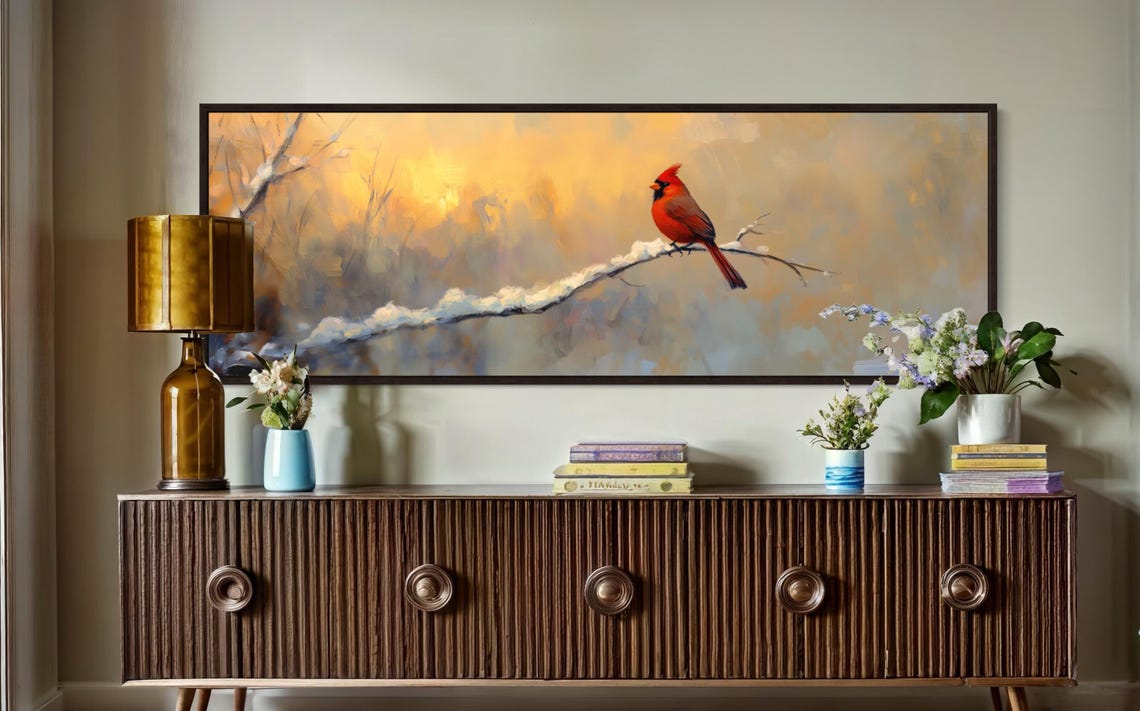 Moody Cardinal Art On Snowy Branch Panoramic Print For Rustic Wall Decor Perfect Winter Landscape Accent - Image 5