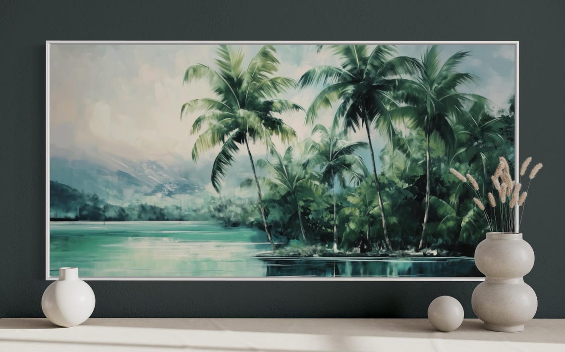 Tropical Lagoon Palm Trees Panoramic Teal Water Coastal Beach Poster - Image 4