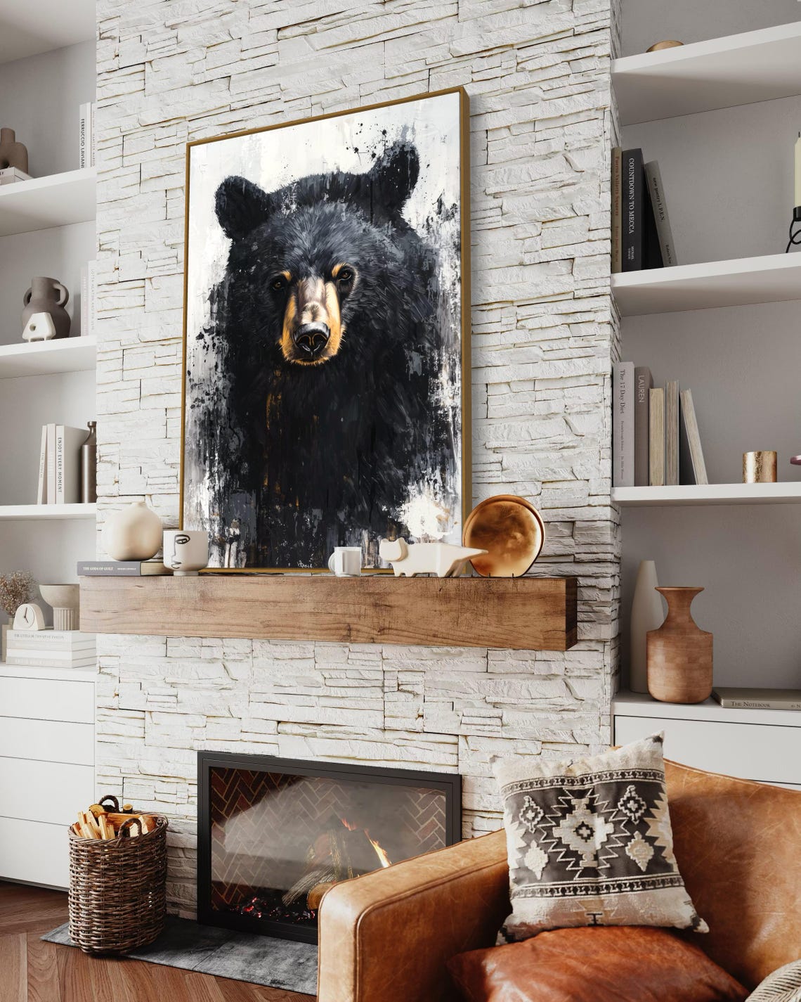 Bold Black Bear Portrait Close Up Gold Splatter Monochrome Art Poster - Image 3