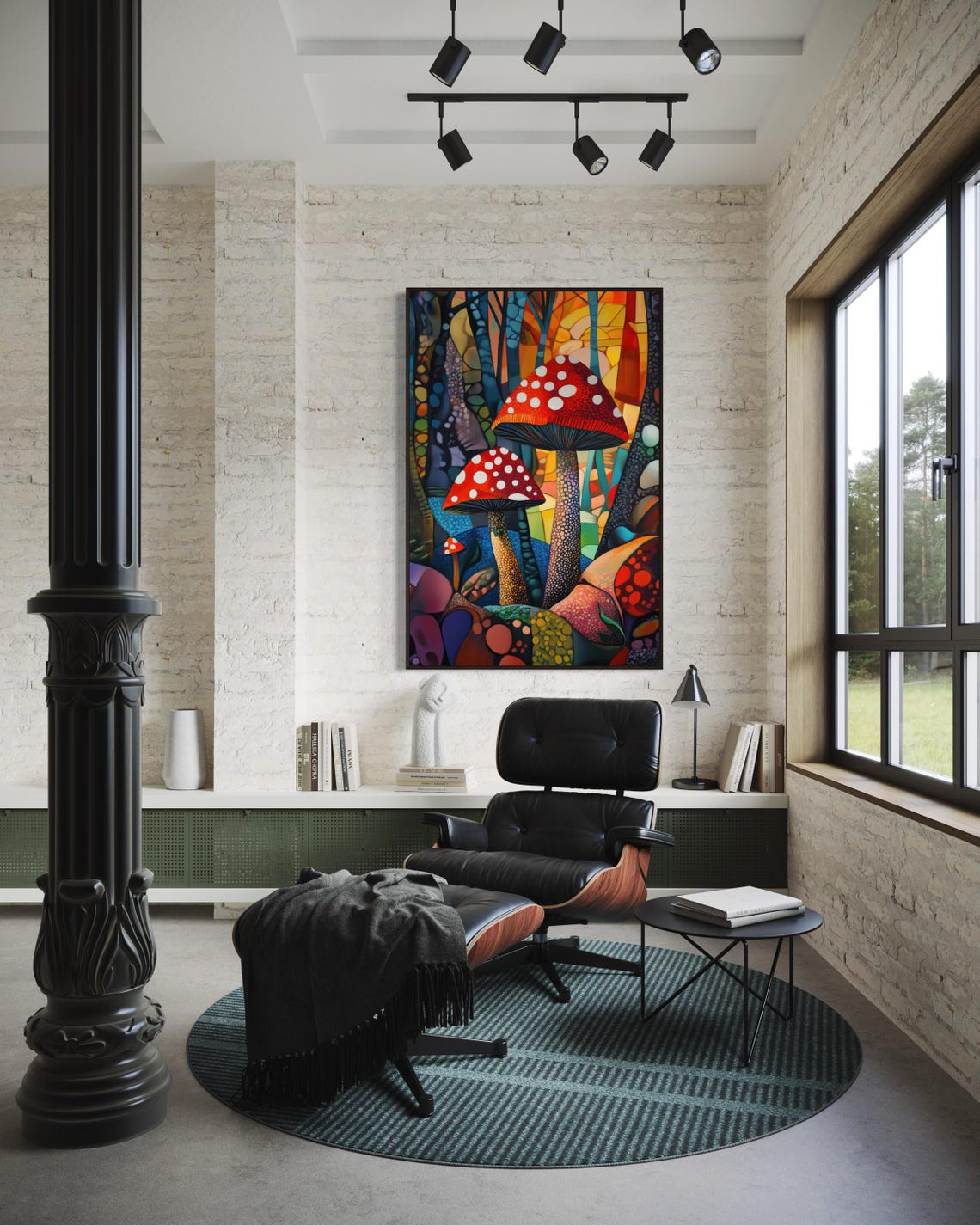 Red Mushroom Enchanted Forest Colorful Mosaic Magical Nature Wall Art - Image 5