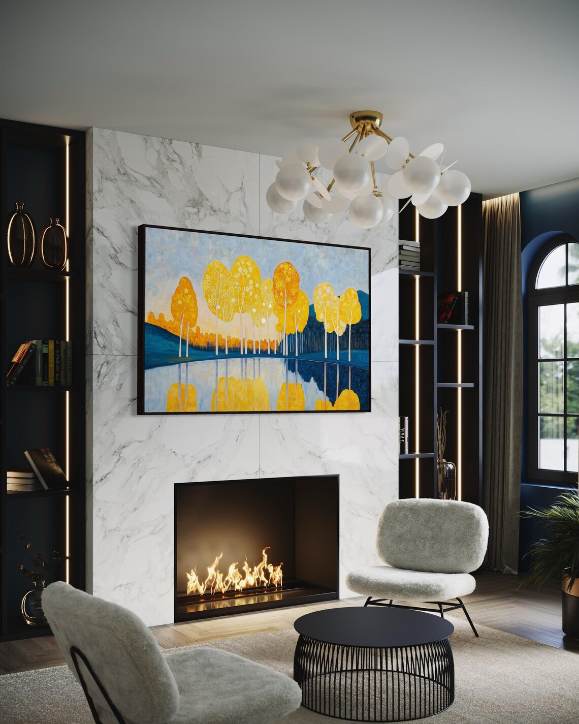 Abstract Yellow Tree Wall Art Vibrant Nature With Reflection And Forest Lake Perfect For Nature Inspired Room Accent - Image 2
