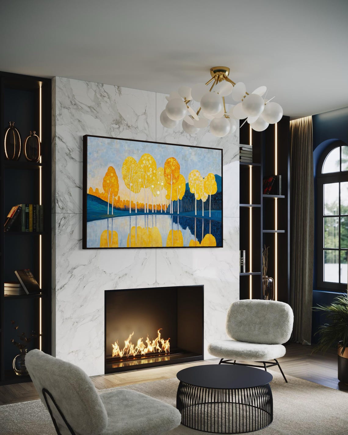 Golden Yellow Trees Lake Reflection Vibrant Abstract Nature Poster - Image 2