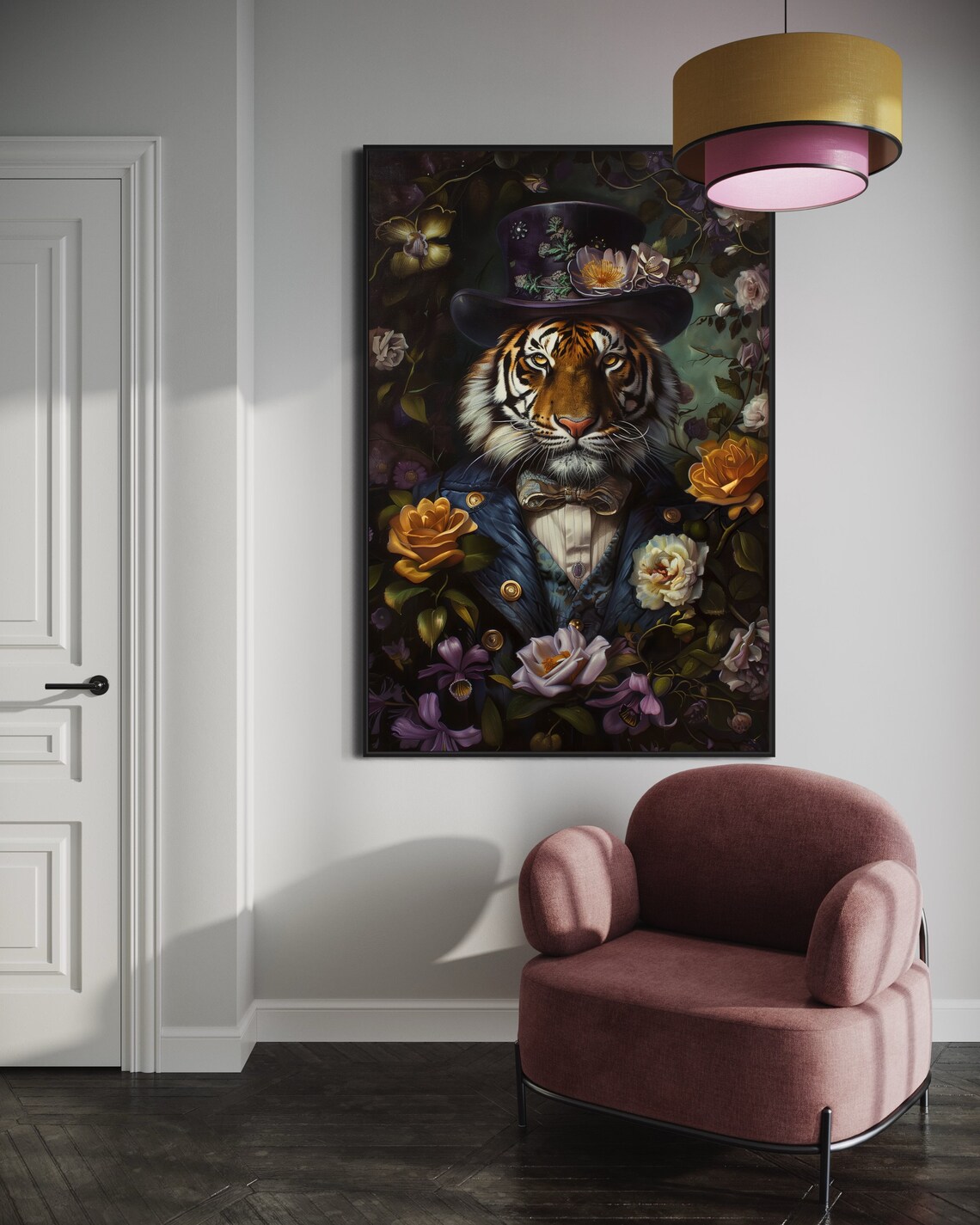 Victorian Tiger Portrait Top Hat Floral Dark Academia Animal Art Poster - Image 3
