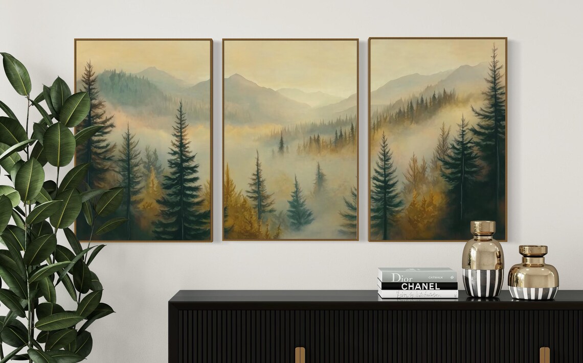 Misty Mountain Sunrise Forest Wall Art In Muted Tones Tranquil Pine Tree Art For Above Couch Or Bed Rustic Lake House Decor - Image 3