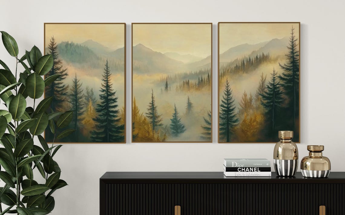 Misty Mountain Sunrise Pine Forest Muted Triptych Wall Art Print - Image 3