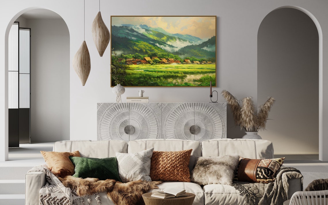Misty Mountain Village Thatched Roofs Green Rice Fields Poster - Image 5