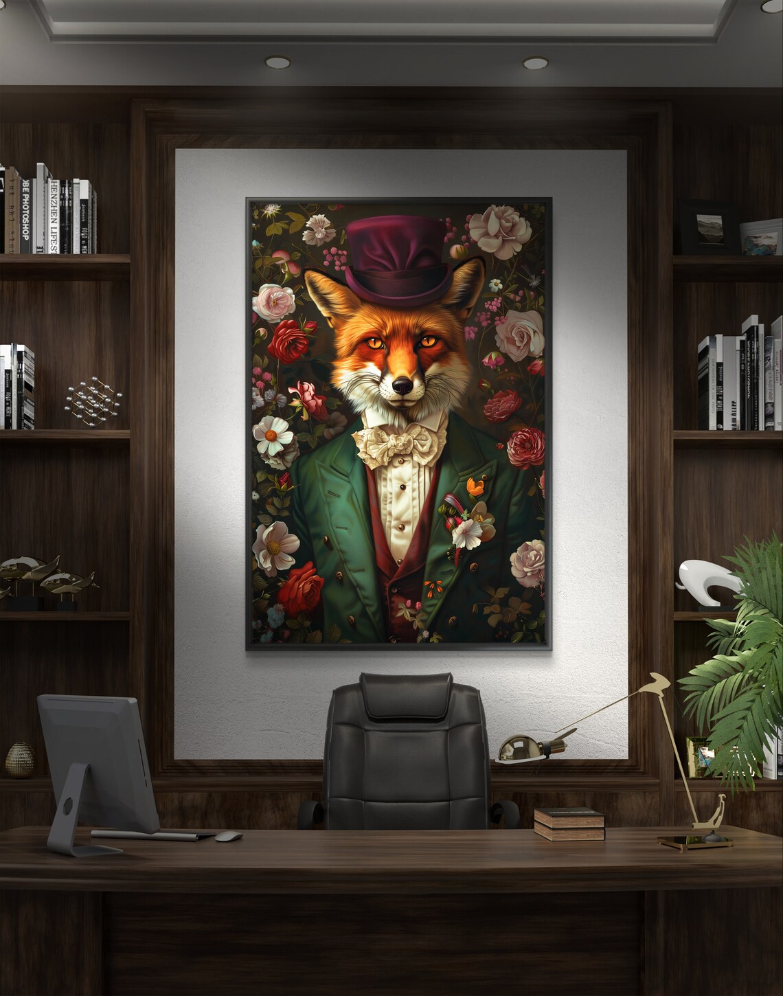 Victorian Fox Top Hat Green Coat Floral Whimsical Portrait Wall Art - Image 4