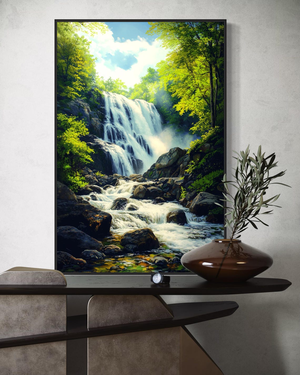 Cascading Waterfall Lush Green Forest Rocks Zen Vertical Poster - Image 3