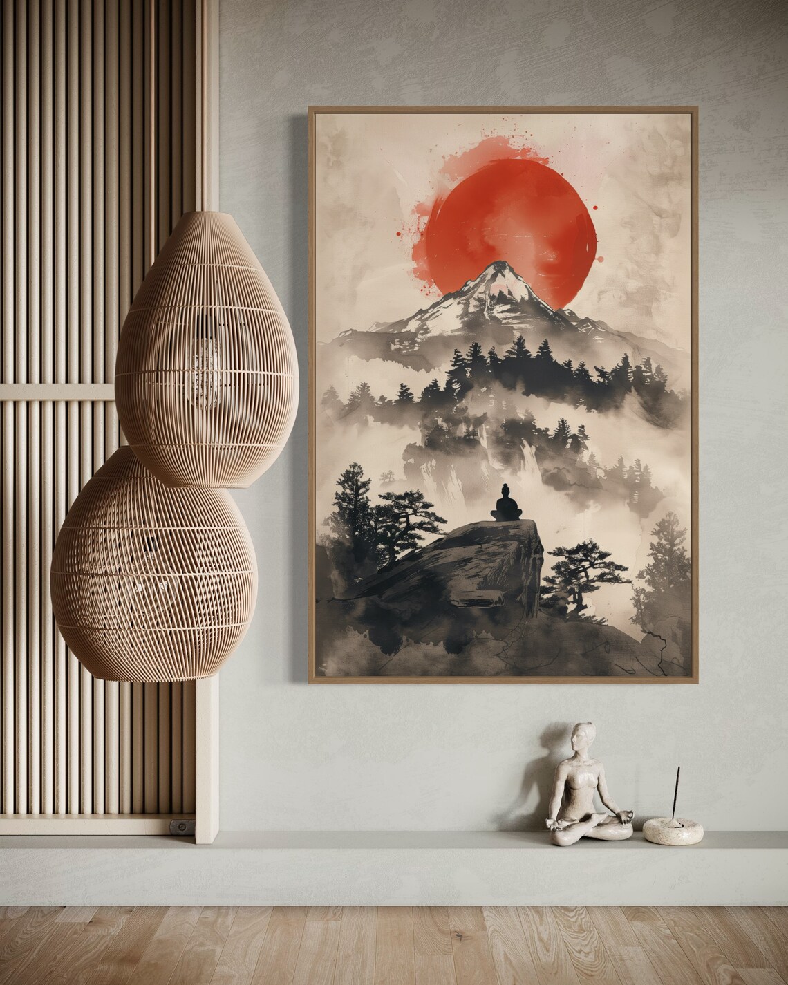 Red Sun Over Misty Mountain Ink Wash Zen Meditation Wall Art - Image 3