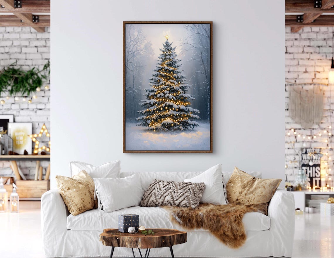 Glowing Christmas Tree Golden Lights Snowy Forest Winter Holiday Print - Image 3