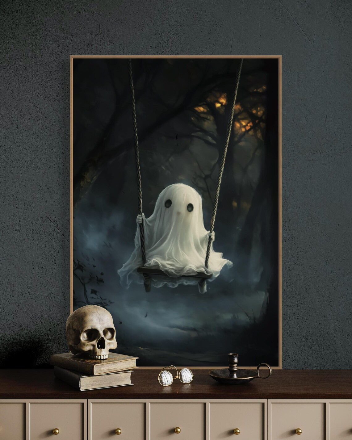 Cute Ghost On Swing Misty Dark Forest Spooky Halloween Art Print - Image 4
