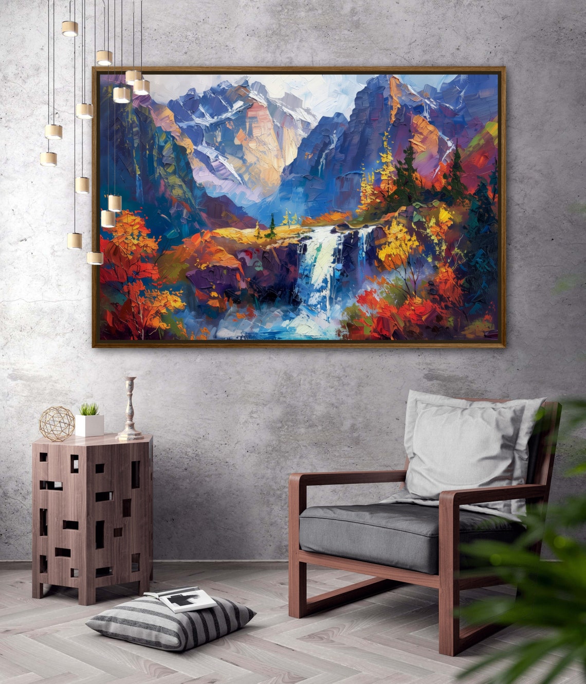 Autumn Mountain Waterfall Valley Impasto Landscape Travel Poster - Image 4