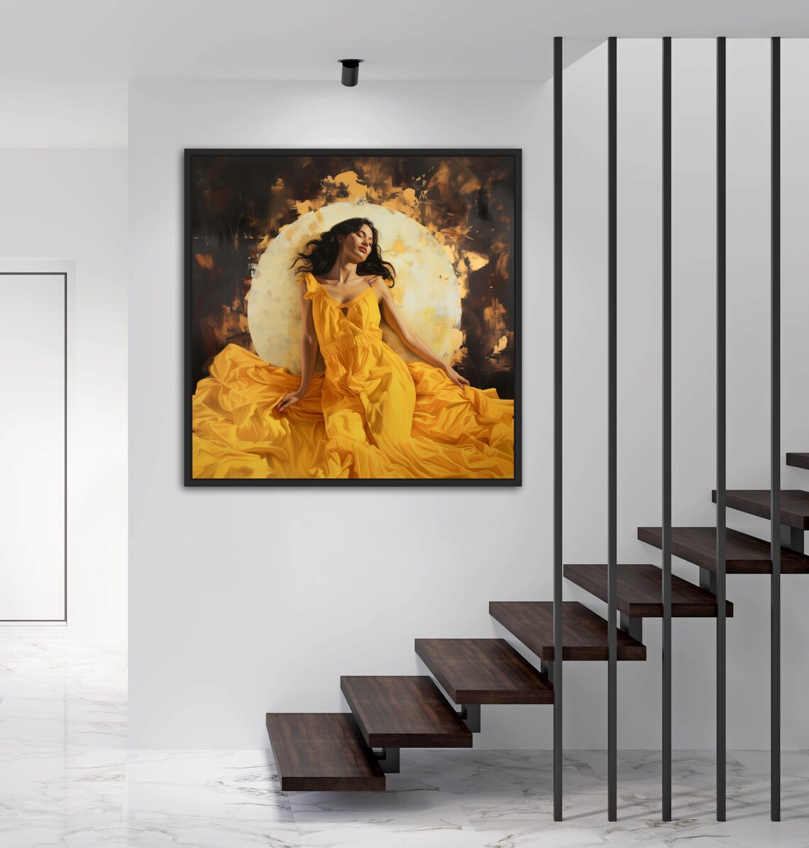 Ethereal Lady In Yellow Dress Against Glowing Full Moon Art Poster - Image 4