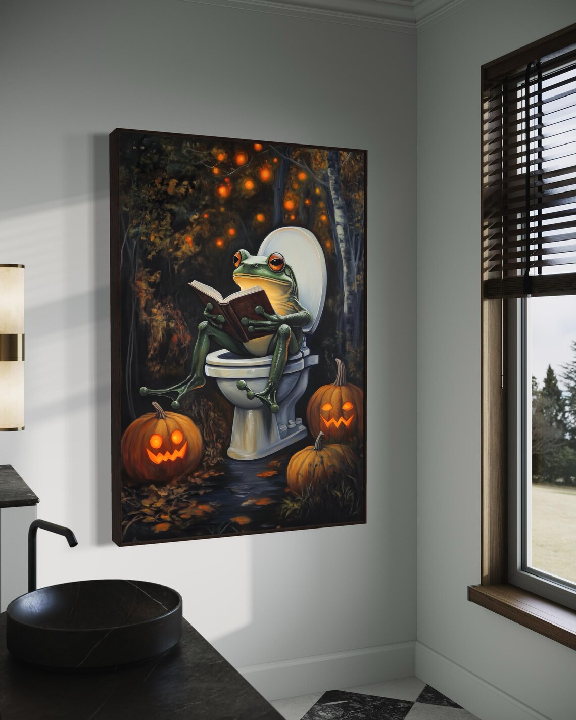 Funny Frog Reading Book On Toilet Halloween Jack-O-Lantern Forest Poster - Image 5