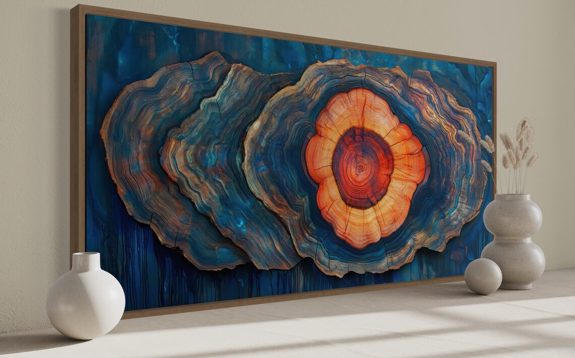 Old Tree Trunk Vibrant Wood Slice With Blue Orange Tones Abstract Nature Print For Rustic Modern Decor Perfect Above Bed - Image 3