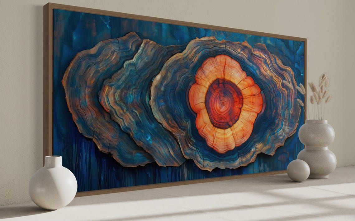 Wood Slice Tree Rings Art Deep Blue Orange Agate Abstract Wall Print - Image 3