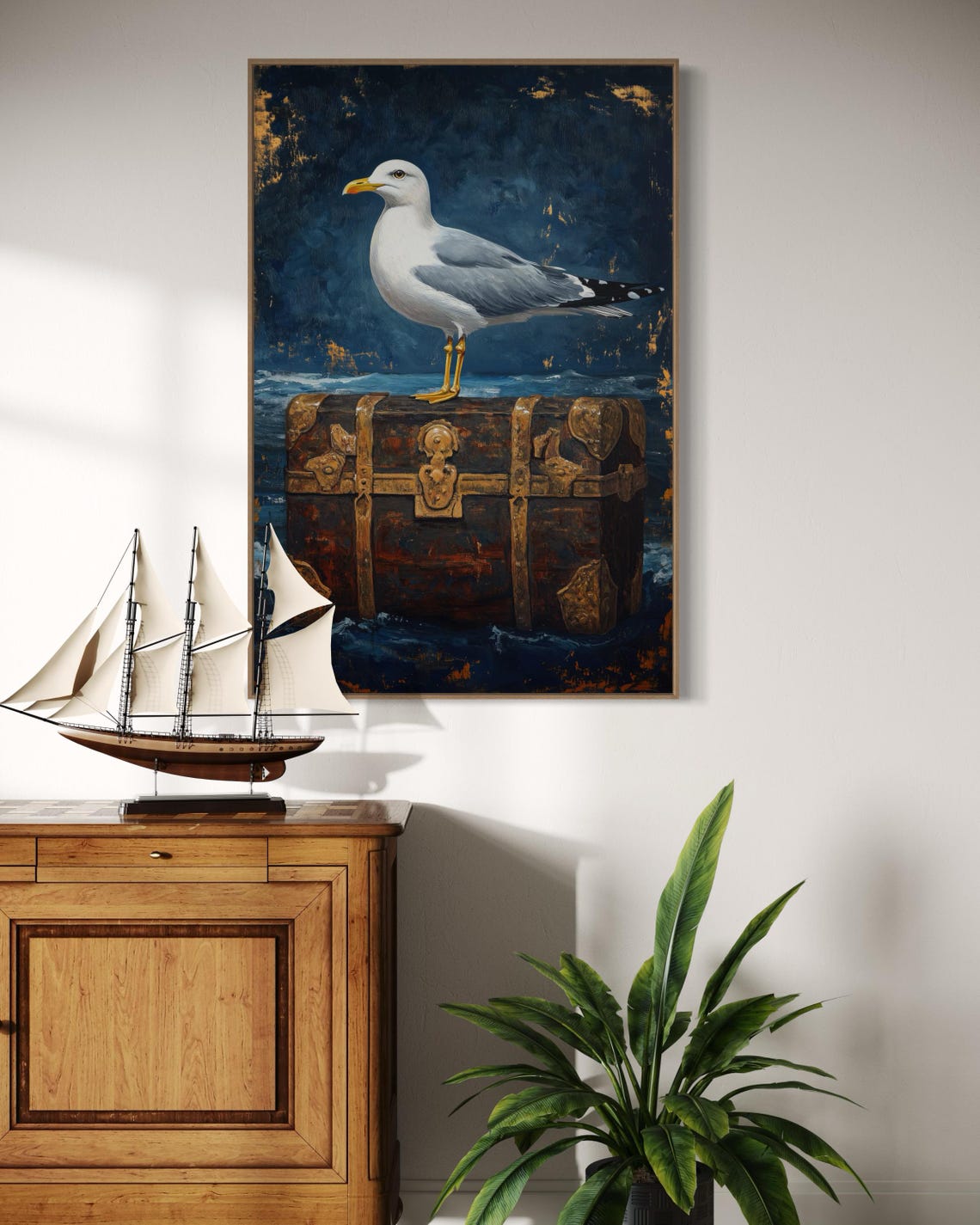 Seagull Standing On Antique Treasure Chest Moody Nautical Art Print - Image 5